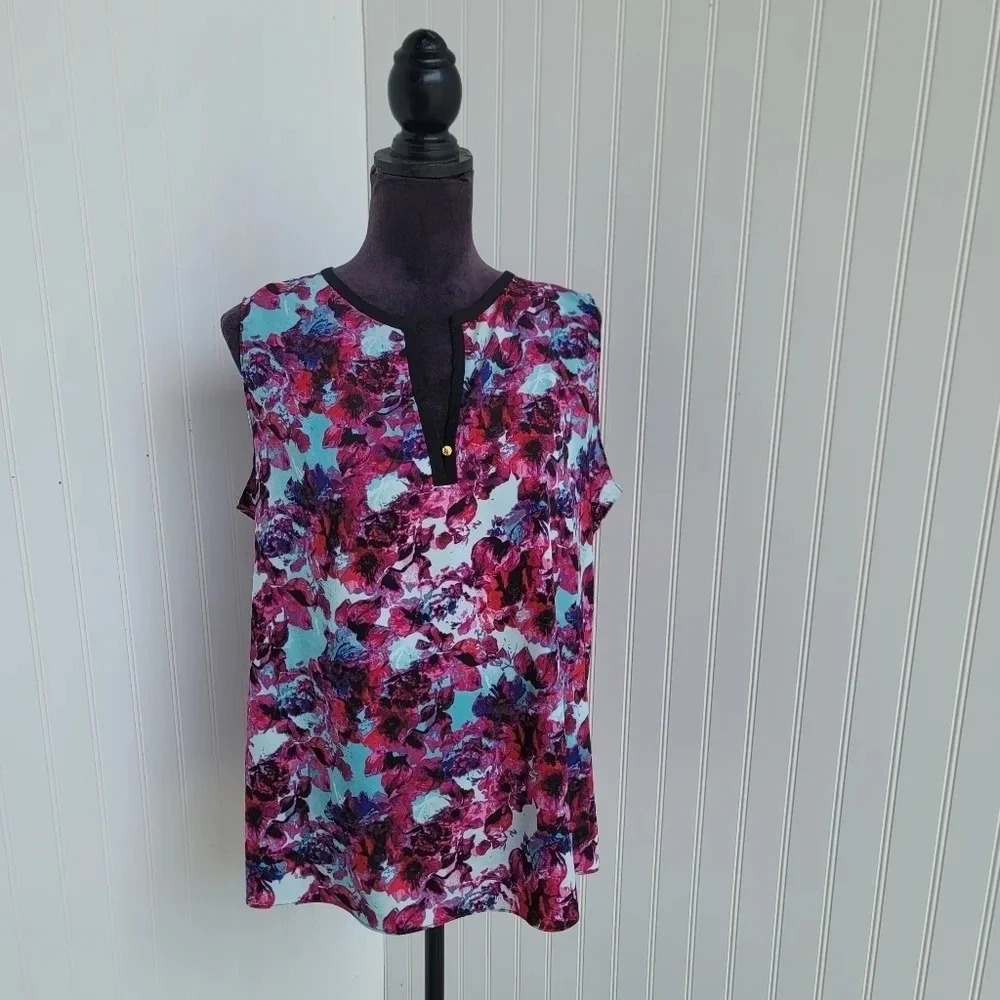 Ellen Tracy Women Blouse Top Sleeveless Lightweight Semi Sheer Floral Pink Sz L